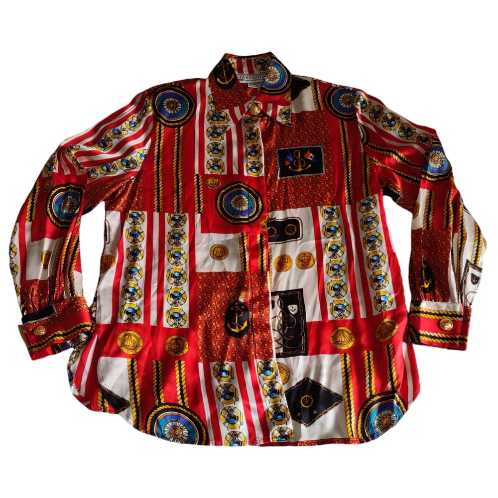 Starington Size 12 Red Gold Nautical Baroque 100% Silk Long Sleeve Button Top